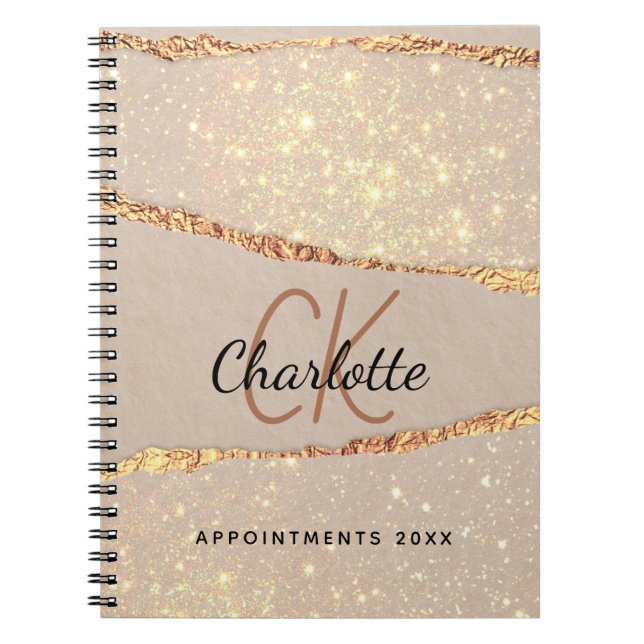 Beige gold agate marble monogram notebook (Front)