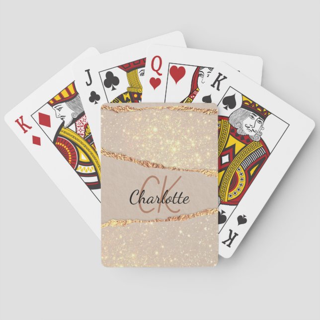 Beige gold agate marble monogram playing cards (Back)