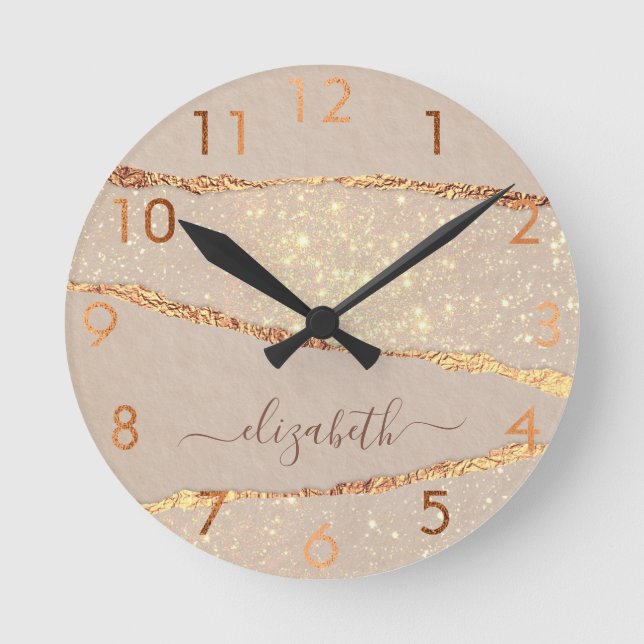 Beige gold agate name script round clock (Front)