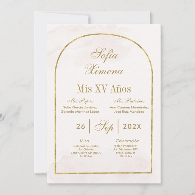 Beige Gold Arch Quinceañera Invitation (Front)