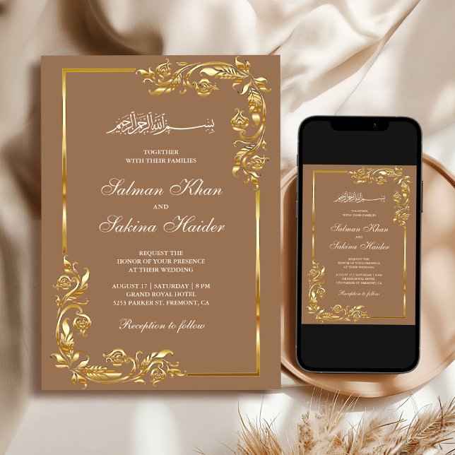 Beige Gold Floral Border Islamic Wedding Invitation (Creator Uploaded)