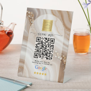 Beige Gold Google Reviews Business Link QR Code Pedestal Sign