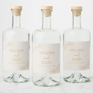 Beige Gold Minimal Minimalist Branch Leaf Wedding Liquor Bottle Label