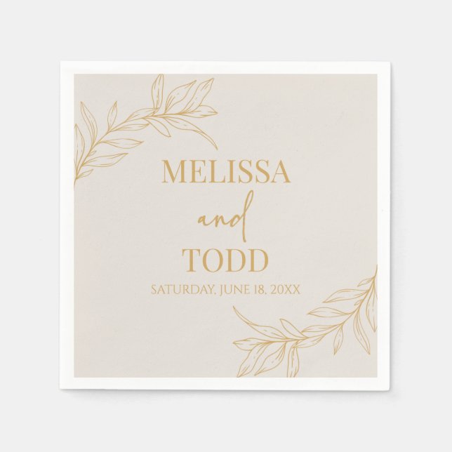 Beige Gold Minimal Minimalist Branch Leaf Wedding Napkin (Front)