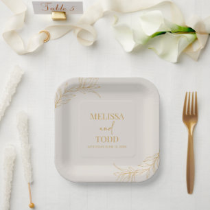 Beige Gold Minimal Minimalist Branch Leaf Wedding Paper Plate
