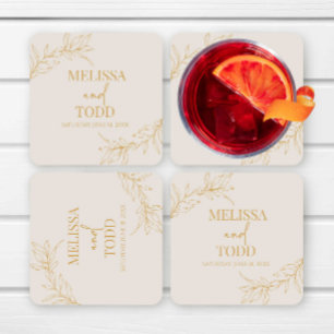 Beige Gold Minimal Minimalist Branch Leaf Wedding Square Paper Coaster