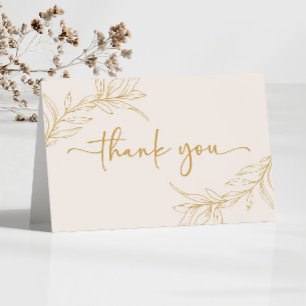 Beige Gold Minimal Minimalist Branch Leaf Wedding Thank You Card