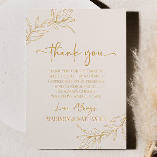 Beige Gold Minimal Minimalist Branch Leaf Wedding Thank You Card