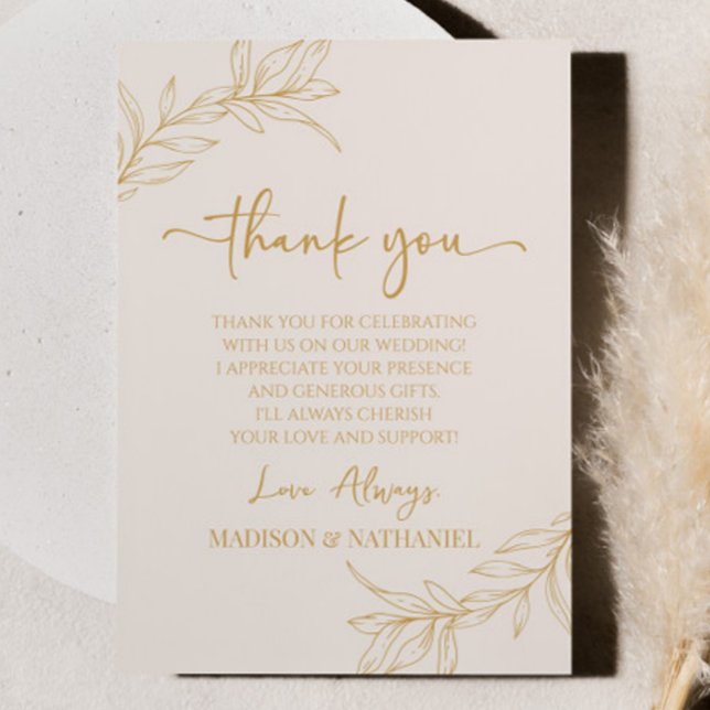 Beige Gold Minimal Minimalist Branch Leaf Wedding Thank You Card (Creator Uploaded)