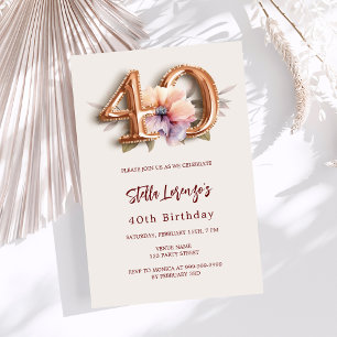 Beige gold peach floral 40th birthday luxury invitation