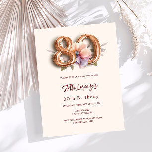 Beige gold peach floral 80th birthday invitation