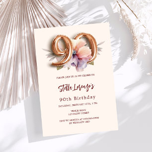 Beige gold peach floral 90th birthday invitation