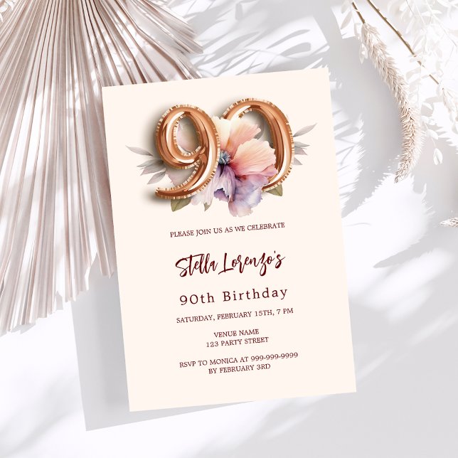 Beige gold peach floral 90th birthday invitation (Creator Uploaded)