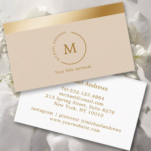 Beige Gold Stripe Monogramm Circle Business Card