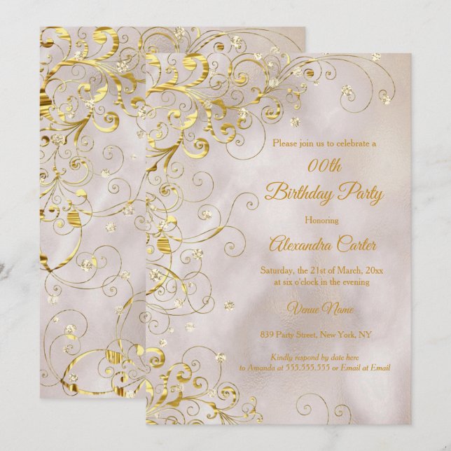 Beige Gold Swirl Glitter Birthday Party Invitation (Front/Back)