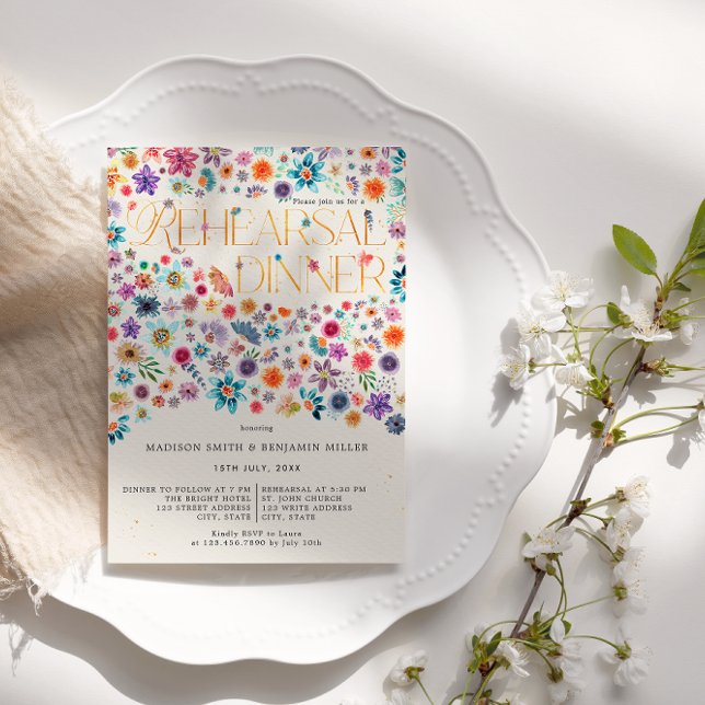 Beige Gold Typography Floral Wedding Rehearsal Invitation (Front)