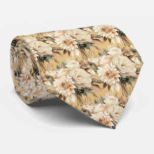 Beige Gold White Roses Floral Flowers Neck Tie