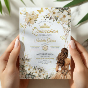 Beige Golden Tiara Floral Butterflies Quinceañera Invitation