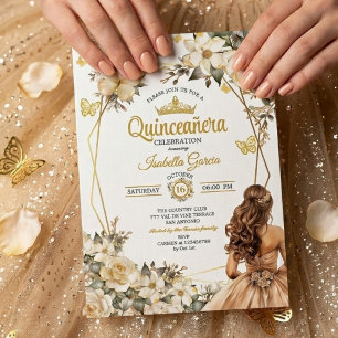 Beige Golden Tiara Floral Butterfly Quinceañera Invitation