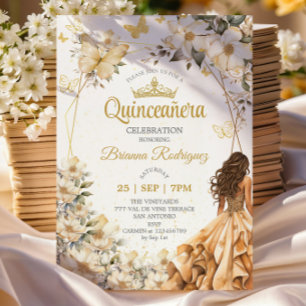 Beige Golden Tiara Floral Butterfly Quinceañera  Invitation