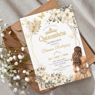 Beige Golden Tiara Floral Butterfly Quinceañera  Invitation
