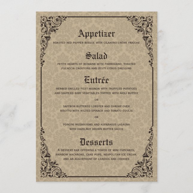Beige Gothic Victorian Damask Wedding Menu (Front)