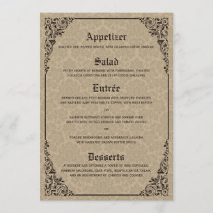 Beige Gothic Victorian Damask Wedding Menu Cards