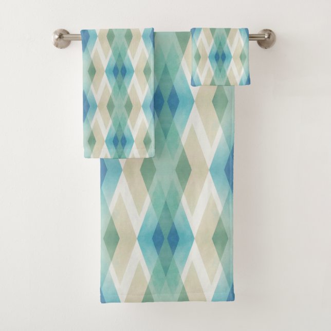 Beige Green Blue White Teal Rhombuses Pattern  Bath Towel Set (Insitu)