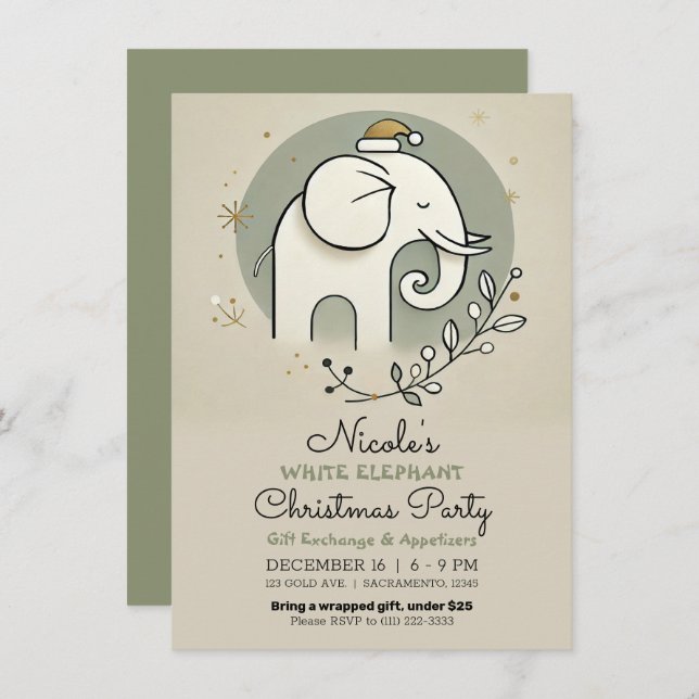 Beige Green Gold White Elephant Christmas Party Invitation (Front/Back)