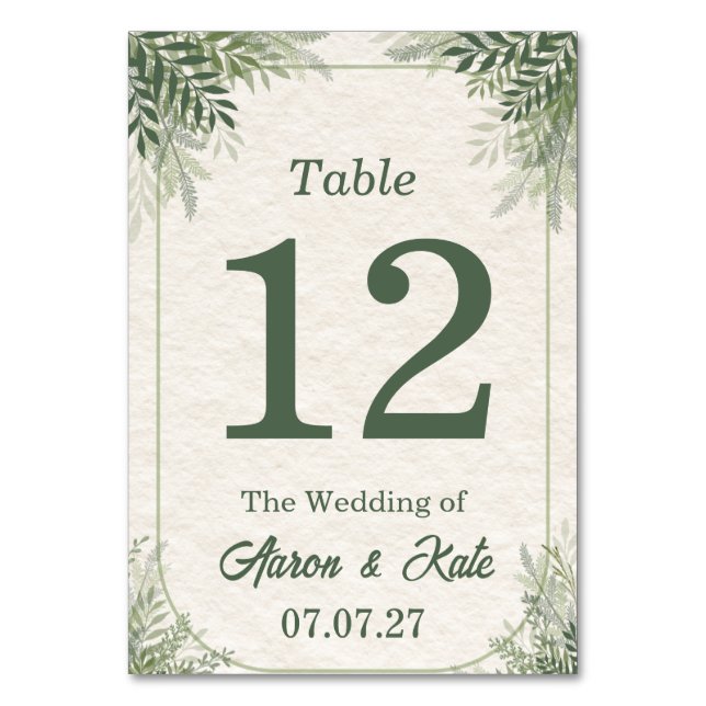 Beige Green Leaves Simple Wedding Table Number (Front)