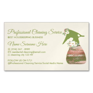 Beige Green Maid Spray Flower Cleaning Magnetic Business Card