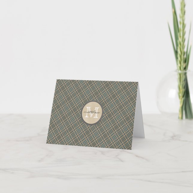 beige green plaid background monogram note card (Front)