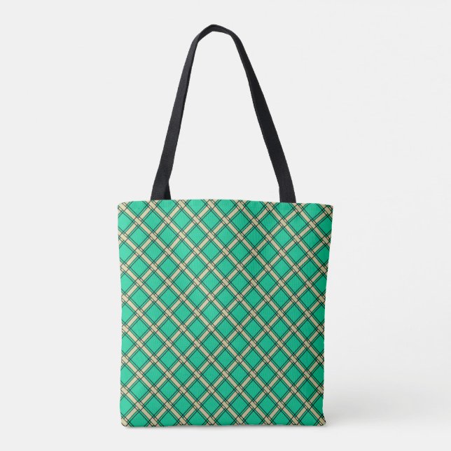 Beige green , plaid pattern  tote bag (Back)