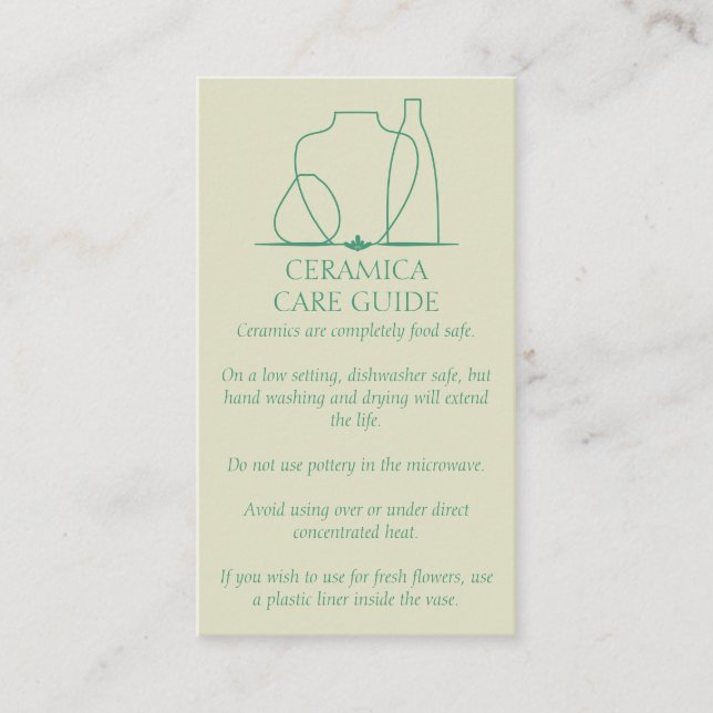 Beige Green Pottery Vase Ceramic Care Instruction Business Card (Front)