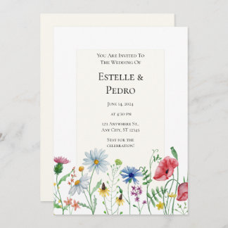 Beige Green Watercolor Floral Wedding Invitation