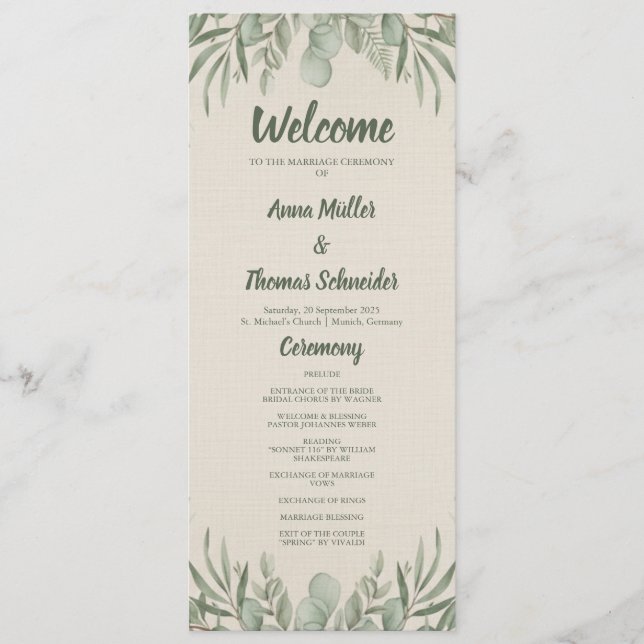 Beige Greenery Watercolor Elegant Wedding Program (Front)