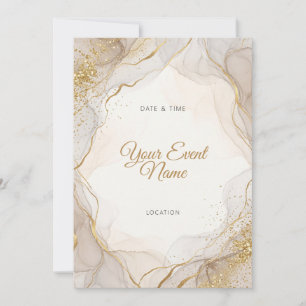 Beige Grey Alcohol Ink Gold Glitter Invitation