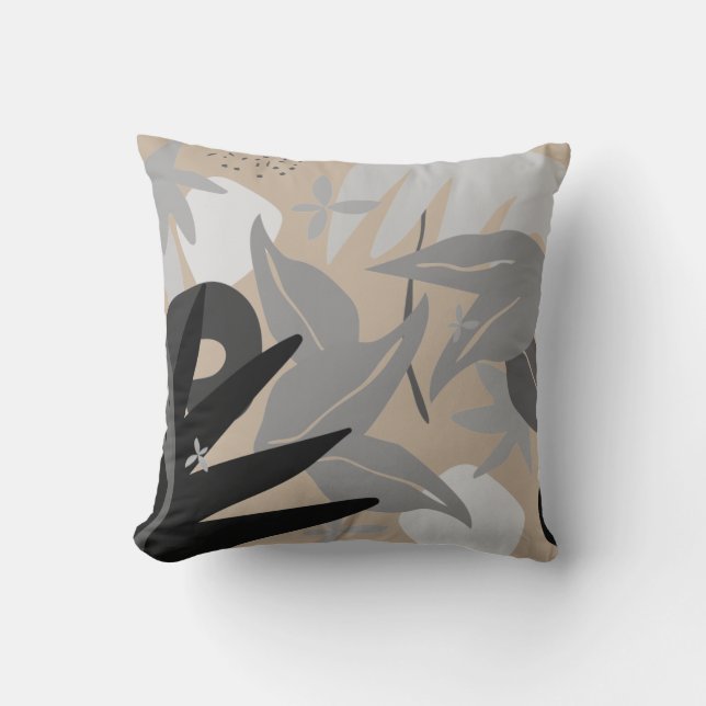 Beige Grey & Black Artistic Abstract Leaves Cushion (Front)