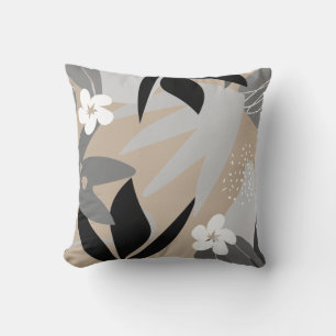 Beige Grey Black & White Artistic Abstract Floral Cushion