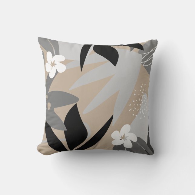 Beige Grey Black & White Artistic Abstract Floral Cushion (Front)