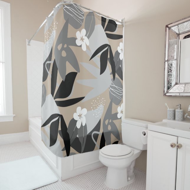  Beige Grey Black & White Modern Botanical Pattern Shower Curtain (In Situ)