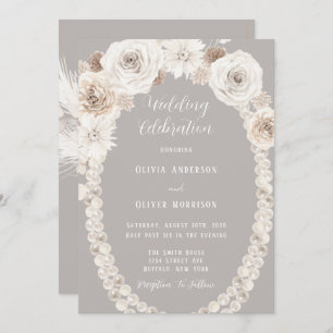 Beige Grey Floral White Pearls Wedding Invitation