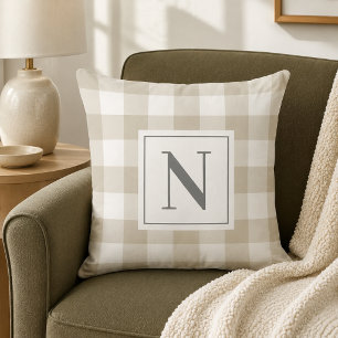Beige Grey Gingham Check Monogram Initial Cushion