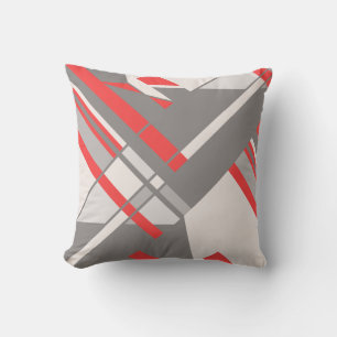 Beige Grey Red on White Diagonal Abstract Design Cushion