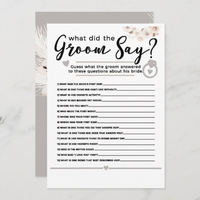 Beige Grey White Floral Pearl Bridal Shower Game  Invitation (Front/Back)