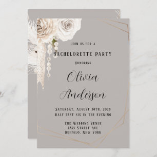 Beige Grey White Floral Pearls Bachelorette Party Invitation