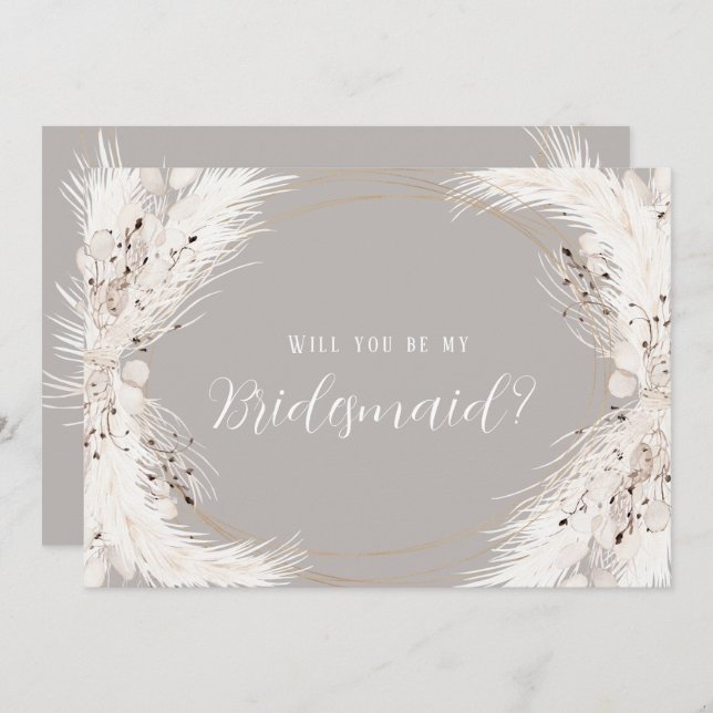 Beige Grey White Floral Will You Be My Bridesmaid  Invitation (Front/Back)