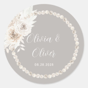 Beige Grey White Pearls Floral Wedding Classic Round Sticker