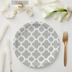 Beige Grey White Retro Ikat Quatrefoil Pattern Paper Plate