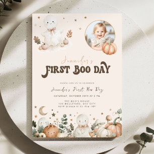Beige Halloween First Boo Day 1st Birthday Invitation